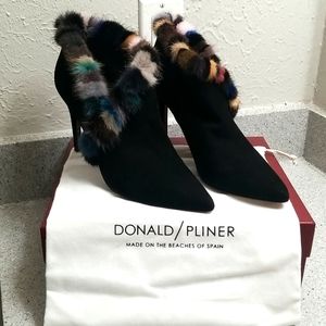 Donald J Pliner Renata Black Suede Multicolor Fur Bootie 